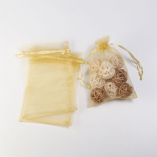 Picture of Wedding Gift Organza Jewelry Bags Drawstring Rectangle Golden (Usable Space: 13x10cm) 15cm(5 7/8") x 10cm(3 7/8"), 20 PCs