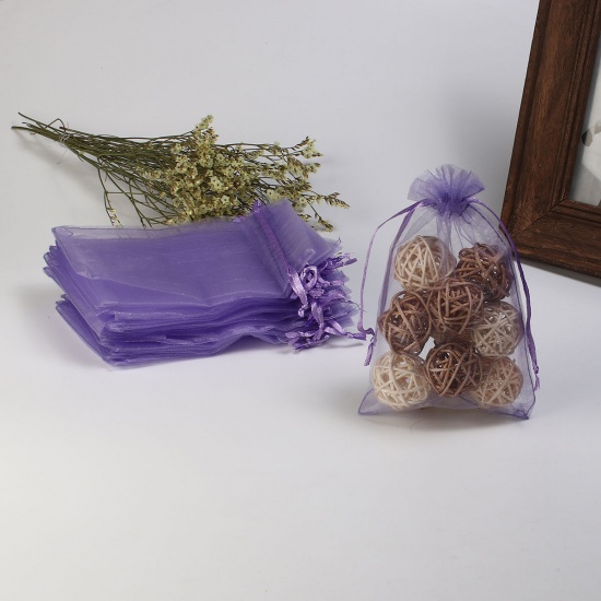 結婚祝い ギフト オーガンジー袋 巾着袋 アクセサリーバック ラッピング  描画可能 長方形 紫 （使用可能なスペース: 13x10cm ) 15cm x 10cm、 20 個 の画像