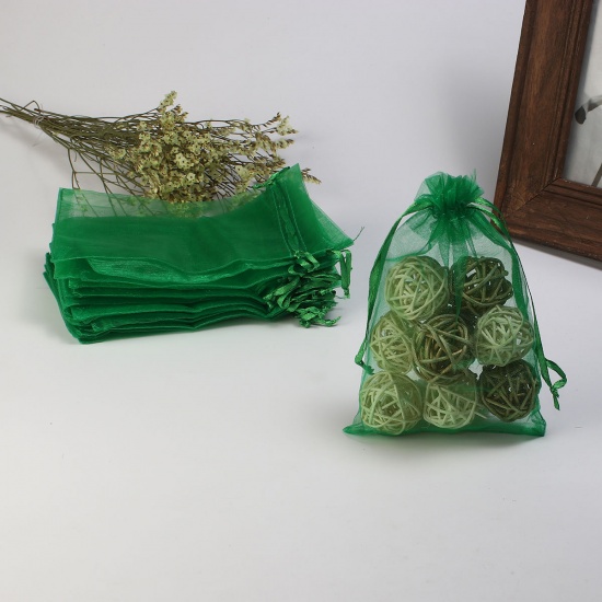 結婚祝い ギフト オーガンジー袋 巾着袋 アクセサリーバック ラッピング  描画可能 長方形 緑 （使用可能なスペース: 13x10cm ) 15cm x 10cm、 20 個 の画像