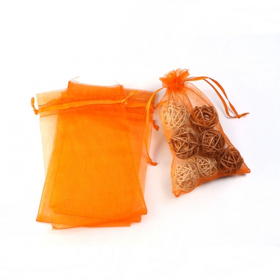 結婚祝い ギフト オーガンジー袋 巾着袋 アクセサリーバック ラッピング  描画可能 長方形 オレンジ色 （使用可能なスペース: 13x10cm ) 15cm x 10cm、 20 個 の画像