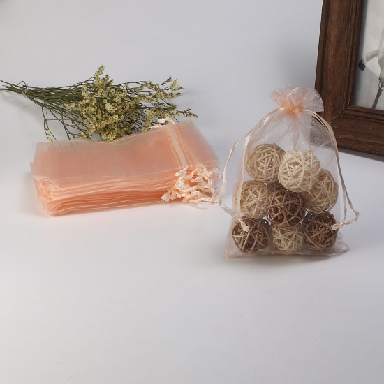 結婚祝い ギフト オーガンジー袋 巾着袋 アクセサリーバック ラッピング  描画可能 長方形 オレンジピンク （使用可能なスペース: 13x10cm ) 15cm x 10cm、 20 個 の画像