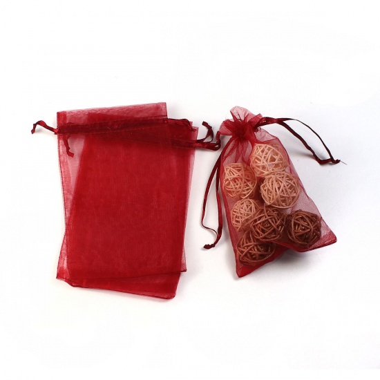 結婚祝い ギフト オーガンジー袋 巾着袋 アクセサリーバック ラッピング  描画可能 長方形 赤ワイン色 （使用可能なスペース: 13x10cm ) 15cm x 10cm、 20 個 の画像