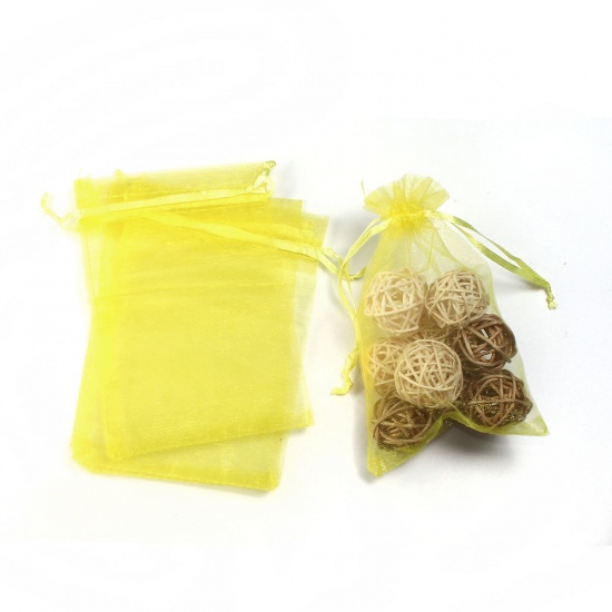 結婚祝い ギフト オーガンジー袋 巾着袋 アクセサリーバック ラッピング  描画可能 長方形 黄色 （使用可能なスペース: 13x10cm ) 15cm x 10cm、 20 個 の画像