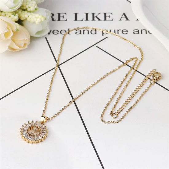 Bild von 304 Edelstahl Halskette Vergoldet Rund Anfangsbuchstabe Message " P " Transparent Strass 45cm lang, 1 Strang