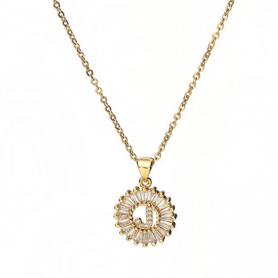 Bild von 304 Edelstahl Halskette Vergoldet Rund Anfangsbuchstabe Message " K " Transparent Strass 45cm lang, 1 Strang