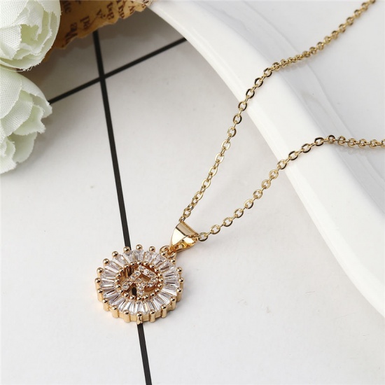 Bild von 304 Edelstahl Halskette Vergoldet Rund Anfangsbuchstabe Message " B " Transparent Strass 45cm lang, 1 Strang