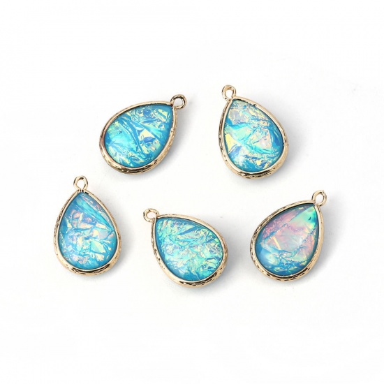 Picture of Brass & Resin AB Rainbow Color Aurora Borealis Charms Drop Light Golden Blue 23mm x15mm( 7/8" x 5/8") - 22mm x14mm( 7/8" x 4/8"), 5 PCs