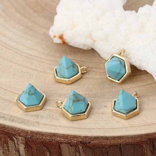 Picture of Brass Charms Taper 18K Real Gold Plated Black Imitation Turquoise Faceted 10mm( 3/8") x 9mm( 3/8"), 2 PCs