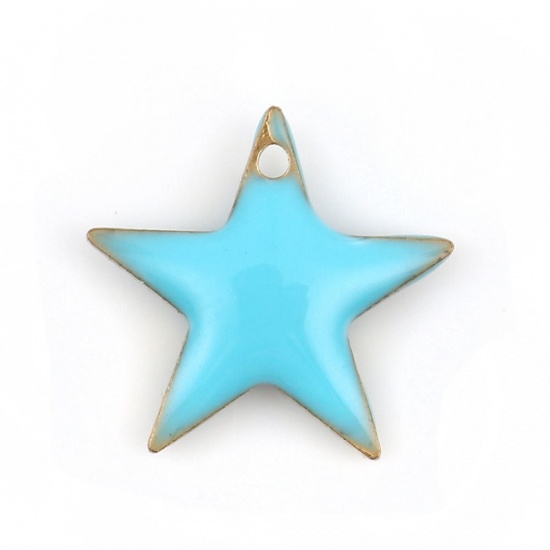 Imagen de Latón Colgantes Charms Estrellas de cinco puntos Chapado en Oro Azul Esmalte 12mm x 11mm, 10 Unidades
