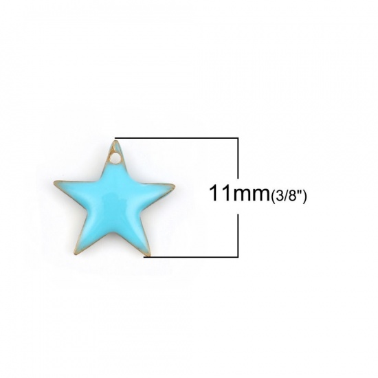 Imagen de Latón Colgantes Charms Estrellas de cinco puntos Chapado en Oro Azul Esmalte 12mm x 11mm, 10 Unidades