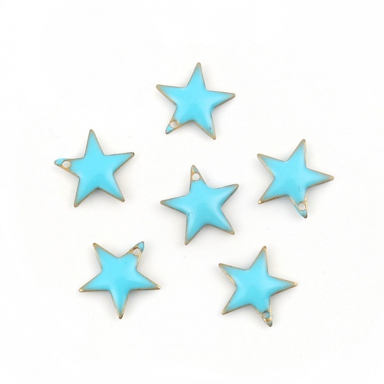 Imagen de Latón Colgantes Charms Estrellas de cinco puntos Chapado en Oro Azul Esmalte 12mm x 11mm, 10 Unidades