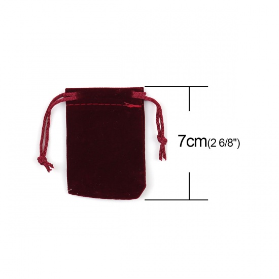 Picture of Velvet Drawstring Bags Rectangle Wine Red (Usable Space: Approx 5.4x5cm) 7cm x 5cm, 10 PCs