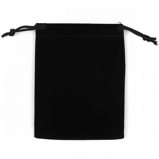 Picture of Velvet Cloth Drawstring Bags Rectangle Black (Usable Space: Approx 10.2x9.2cm) 12cm(4 6/8") x 9.2cm(3 5/8"), 10 PCs