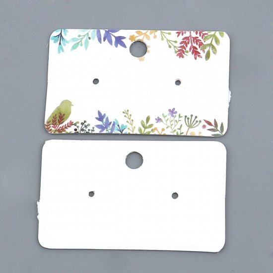 Picture of Paper Jewelry Earrings Display Card Rectangle Multicolor Leaf Pattern 50mm(2") x 30mm(1 1/8"), 50 PCs