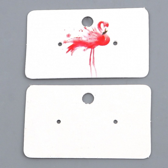 Picture of Paper Jewelry Earrings Display Card Rectangle Red Flamingo Pattern 50mm(2") x 30mm(1 1/8"), 50 PCs