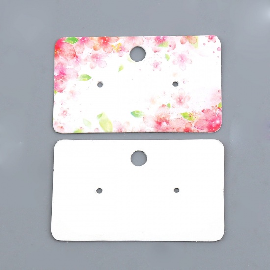 Picture of Paper Jewelry Earrings Display Card Rectangle Multicolor Flower Leaves Pattern 50mm(2") x 30mm(1 1/8"), 50 PCs
