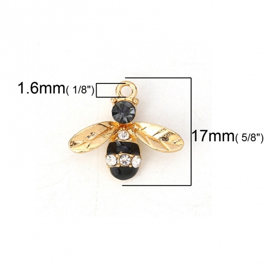 Picture of Zinc Based Alloy Charms Bee Animal Gold Plated Black Clear Rhinestone Enamel 17mm( 5/8") x 15mm( 5/8"), 10 PCs