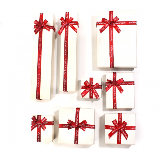 Picture of Paper Jewelry Earrings Gift Boxes Rectangle White & Red Butterfly Pattern 67mm(2 5/8") x 55mm(2 1/8") , 2 PCs