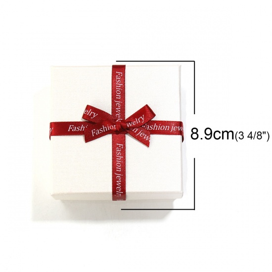 Picture of Paper Jewelry Bracelets Gift Boxes Square White & Red Bowknot Pattern 8.9cm(3 4/8") x 8.9cm(3 4/8") , 2 PCs