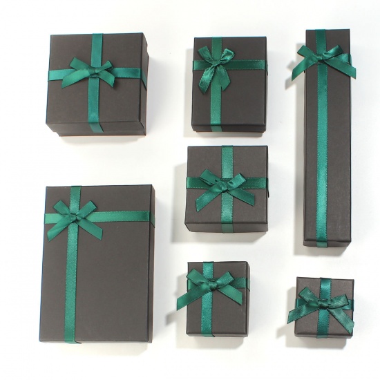 Picture of Paper Jewelry Necklace Gift Boxes Rectangle Black & Green Bowknot Pattern 20.8cm(8 2/8") x 4.3cm(1 6/8") , 2 PCs