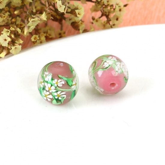Picture of Lampwork Glass Japanese Style Beads Round White Flower About 16mm x 16mm, Hole: Approx 2.6mm, 1 Piece
