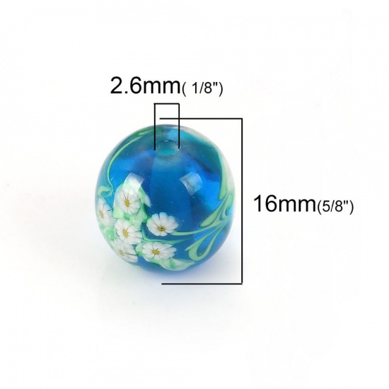 Picture of Lampwork Glass Japanese Style Beads Round White Flower About 16mm x 16mm, Hole: Approx 2.6mm, 1 Piece