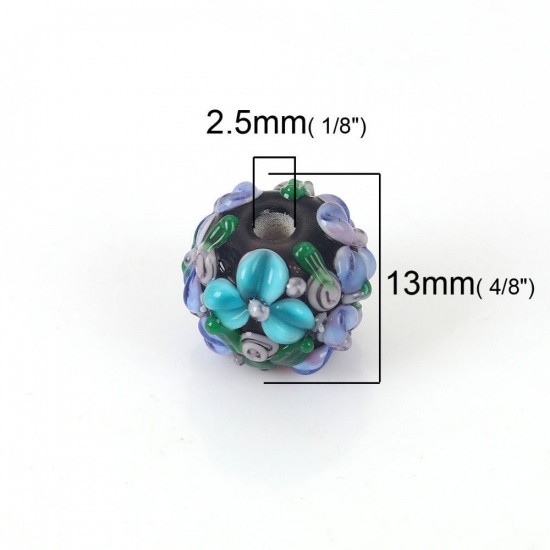 Picture of Lampwork Glass Encased Floral Beads Round Pink Flower Leaves About 13mm x 13mm, Hole: Approx 2.5mm, 1 Piece