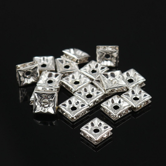 Picture of Brass Spacer Beads Square Silver Plated Clear Rhinestone About 6mm( 2/8") x 6mm( 2/8"), Hole: Approx 1.7mm, 50 PCs                                                                                                                                            