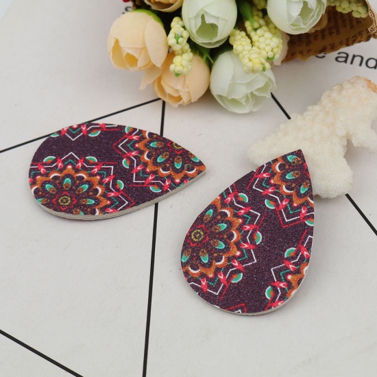 Picture of PU Leather Pendants Drop At Random Black Flower 56mm(2 2/8") x 37mm(1 4/8"), 10 PCs