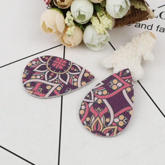 Picture of PU Leather Pendants Drop At Random Black Flower 56mm(2 2/8") x 37mm(1 4/8"), 10 PCs