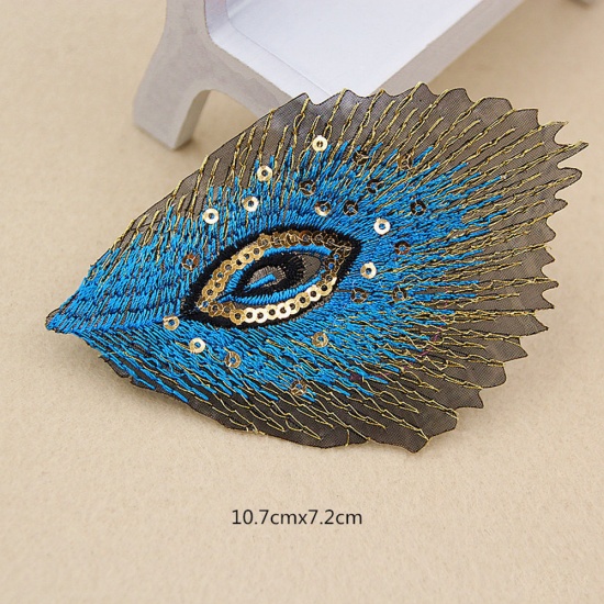 Picture of Fabric Embroidery Appliques Patches DIY Scrapbooking Craft Multicolor Peacock Feather Sequins 10.7cm(4 2/8") x 7.2cm(2 7/8"), 1 Piece