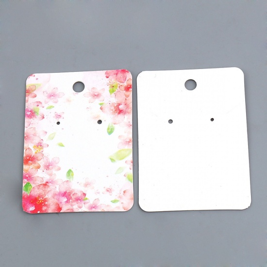 Picture of Paper Jewelry Necklace Earrings Display Card Rectangle Pink Sakura Flower Pattern 72mm(2 7/8") x 52mm(2"), 50 Sheets
