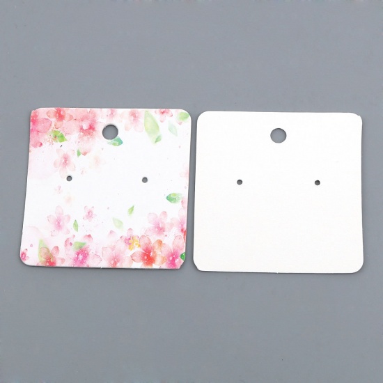 Picture of Paper Jewelry Earrings Display Card Square Pink Sakura Flower Pattern 50mm(2") x 50mm(2"), 50 Sheets