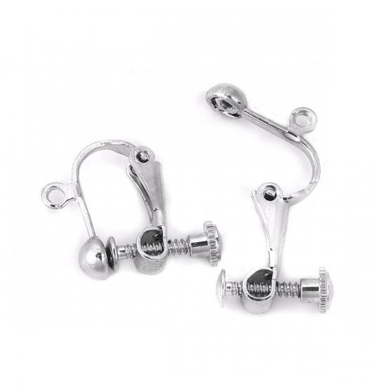 Picture of Brass Non Pierced Screw Back Clips Earrings Silver Plated W/ Loop 18mm x 16mm, 10 PCs                                                                                                                                                                         