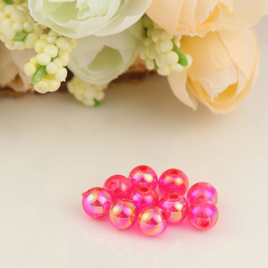 Picture of Acrylic Beads Round Hot Pink AB Rainbow Color Colorful About 6mm Dia, Hole: Approx 1.2mm, 1000 PCs