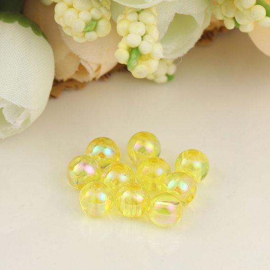 Picture of Acrylic Beads Round Yellow AB Rainbow Color Colorful About 6mm Dia, Hole: Approx 1.2mm, 1000 PCs