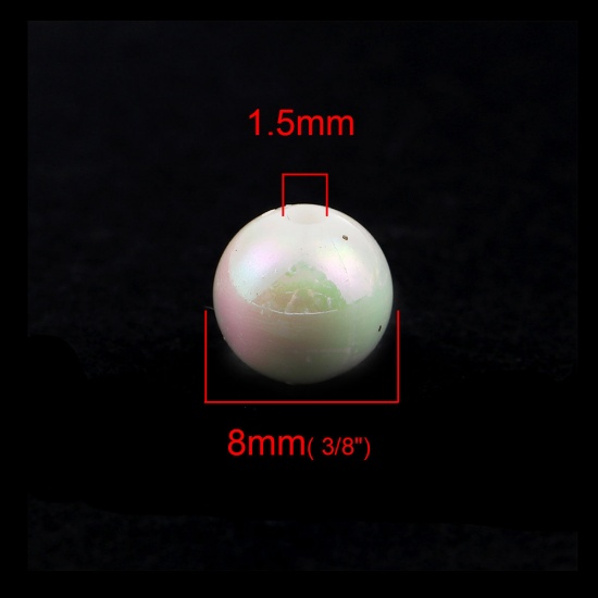 Picture of Acrylic Beads Round White AB Rainbow Color Colorful About 8mm Dia, Hole: Approx 1.5mm, 300 PCs