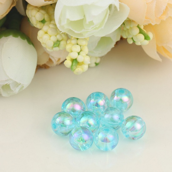 Picture of Acrylic Beads Round Light Blue AB Rainbow Color Colorful About 8mm Dia, Hole: Approx 1.5mm, 300 PCs