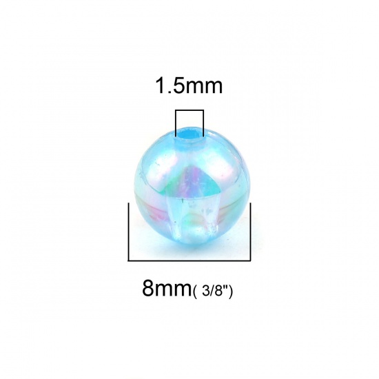 Picture of Acrylic Beads Round Blue AB Rainbow Color Colorful About 8mm Dia, Hole: Approx 1.5mm, 300 PCs
