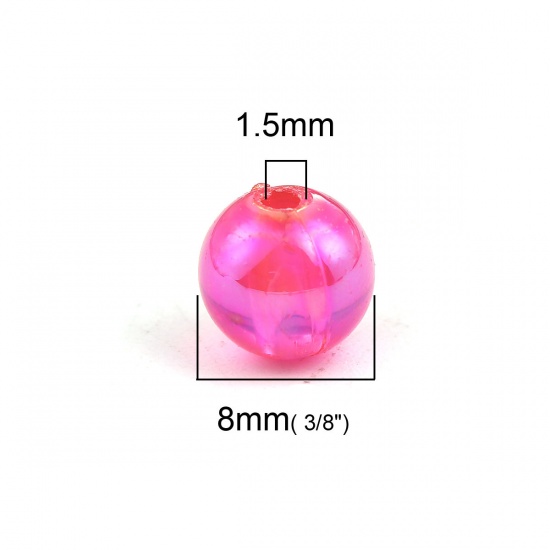 Picture of Acrylic Beads Round Hot Pink AB Rainbow Color Colorful About 8mm Dia, Hole: Approx 1.5mm, 300 PCs