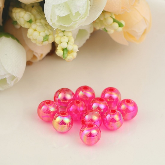 Picture of Acrylic Beads Round Hot Pink AB Rainbow Color Colorful About 8mm Dia, Hole: Approx 1.5mm, 300 PCs