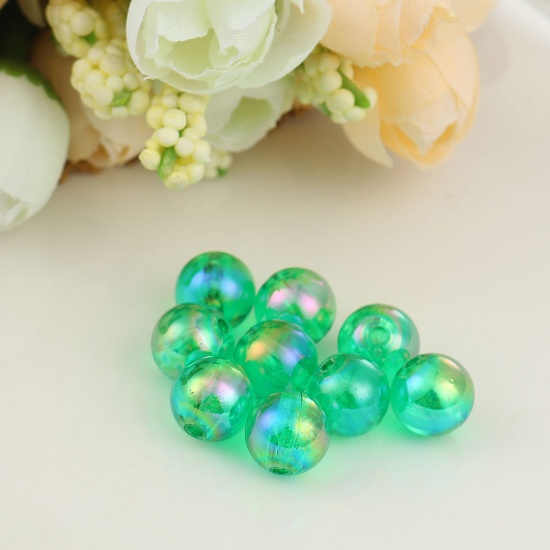 Picture of Acrylic Beads Round Green AB Rainbow Color Colorful About 10mm Dia, Hole: Approx 1.7mm, 200 PCs