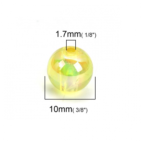 Picture of Acrylic Beads Round Yellow AB Rainbow Color Colorful About 10mm Dia, Hole: Approx 1.7mm, 200 PCs
