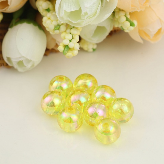 Picture of Acrylic Beads Round Yellow AB Rainbow Color Colorful About 10mm Dia, Hole: Approx 1.7mm, 200 PCs