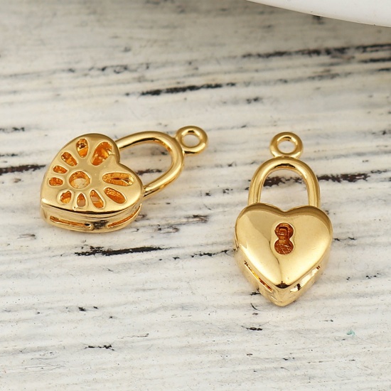 Picture of Brass Charms Lock 18K Real Gold Plated Heart 15mm( 5/8") x 8mm( 3/8"), 3 PCs