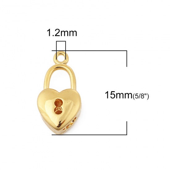 Picture of Brass Charms Lock 18K Real Gold Plated Heart 15mm( 5/8") x 8mm( 3/8"), 3 PCs