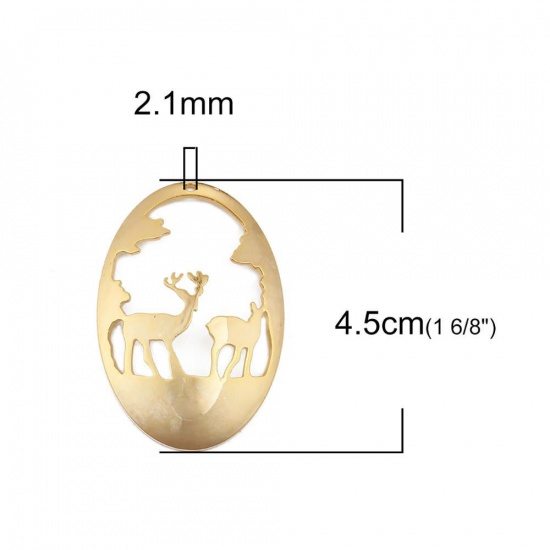 Picture of Brass Pendants Oval 18K Real Gold Plated Christmas Reindeer 45mm(1 6/8") x 30mm(1 1/8"), 1 Piece                                                                                                                                                              