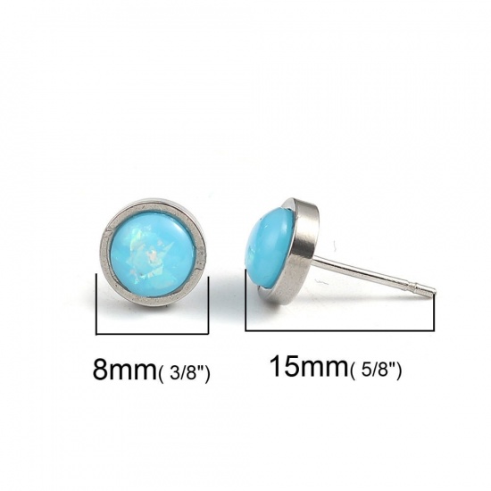 Picture of 304 Stainless Steel & Opal ( Synthetic ) October Birthstone Ear Post Stud Earrings Silver Tone Purple Round 8mm Dia., Post/ Wire Size: (20 gauge), 1 Pair