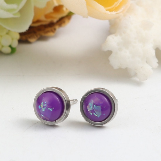 Picture of 304 Stainless Steel & Opal ( Synthetic ) October Birthstone Ear Post Stud Earrings Silver Tone Purple Round 8mm Dia., Post/ Wire Size: (20 gauge), 1 Pair