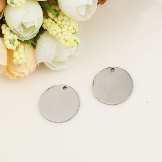 Picture of 3 PCs Stainless Steel Blank Stamping Tags Charms Round Silver Tone Double-sided Polishing 20mm Dia.